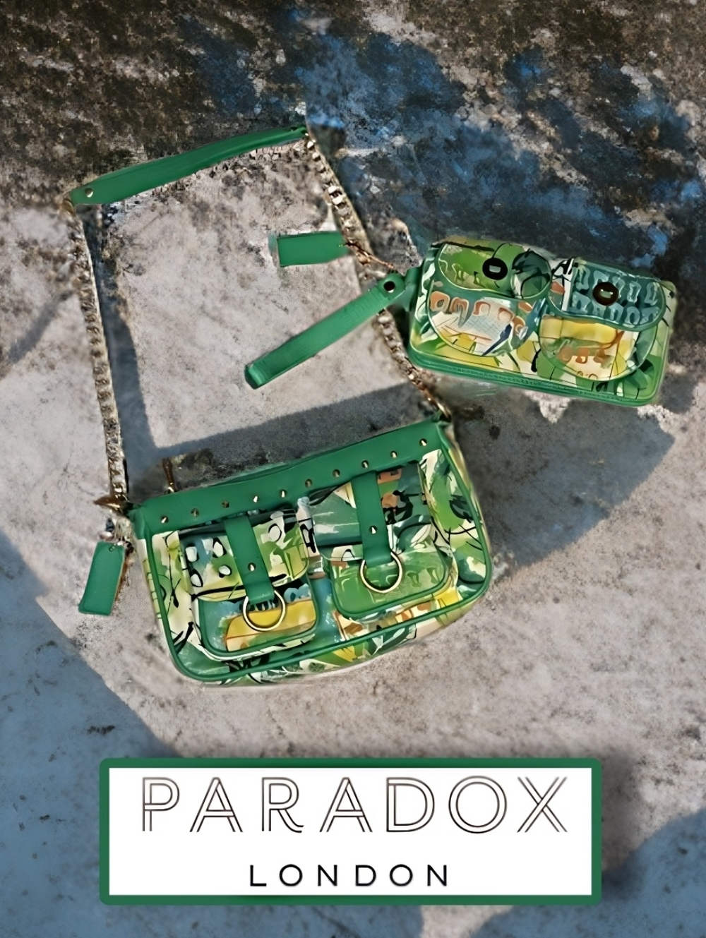 RARE VTG Paradox London Genuine Leather Bag Set - Y2K Graffiti Abstract Green
